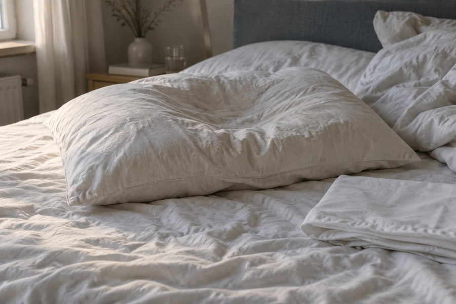 A worn, dented pillow next to a folded fresh pillowcase